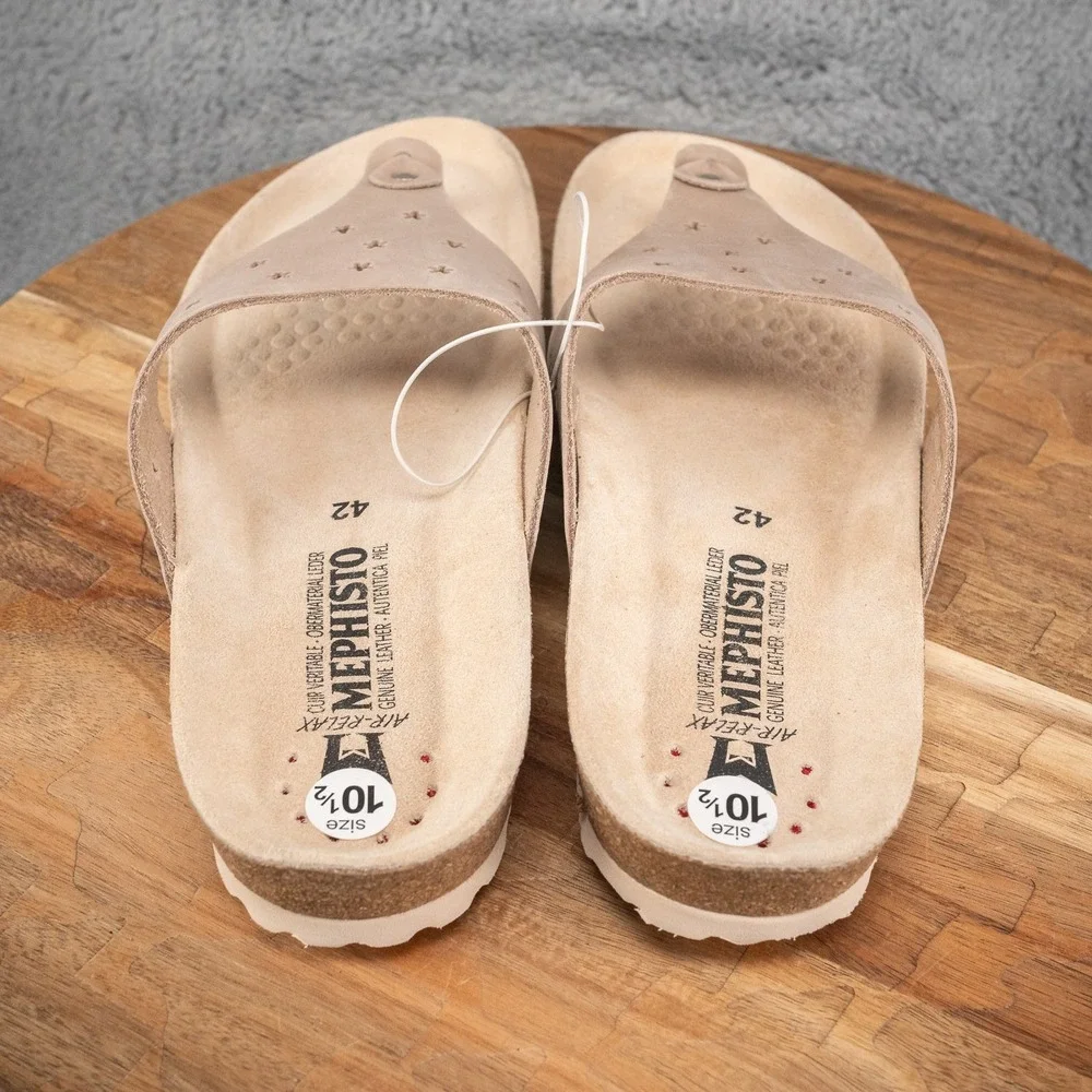 New Mephisto Nikie Star Perforated Leather Thong Sandals Taupe EU 42 US‎ 10.5-11